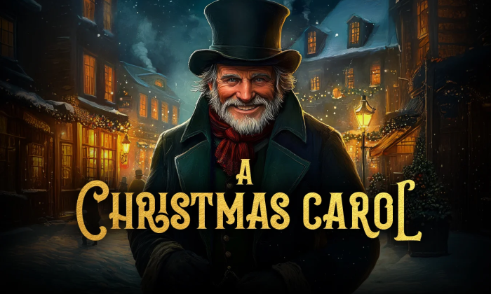 Ebenezer Scrooge wears a top hat and smiles in front of a cluster of pubs and taverns.
